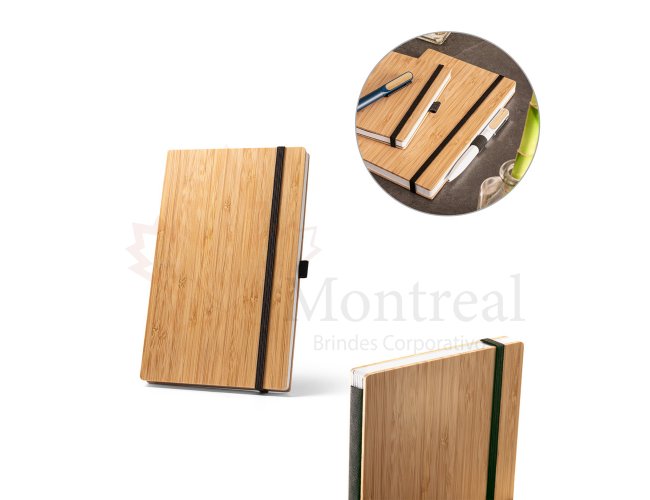 BUARQUE A5. Caderno A5 de capa e contracapa em placa de bambu e lombada em PET 100% reciclado, com 192 p�ginas pautadas