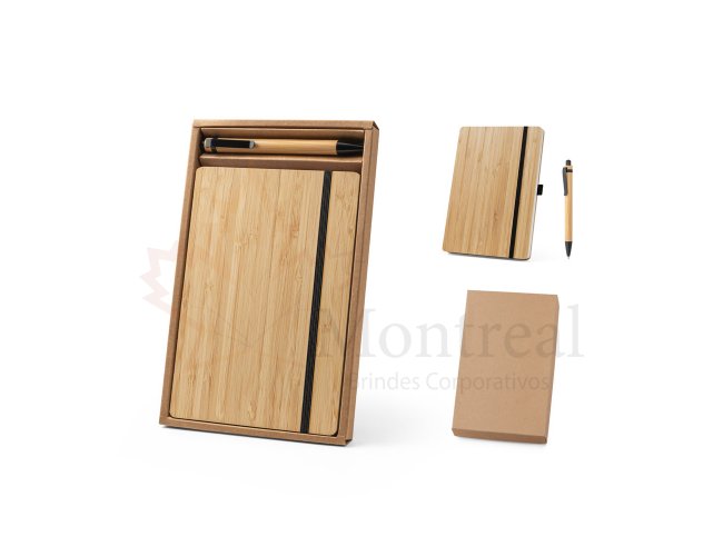 Conjunto de caderno A5 em bambu com 192 pginas pautadas e esferogrfica em bambu
