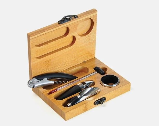 Kit Para Vinho Com Estojo Em Bambu - 6 Ps